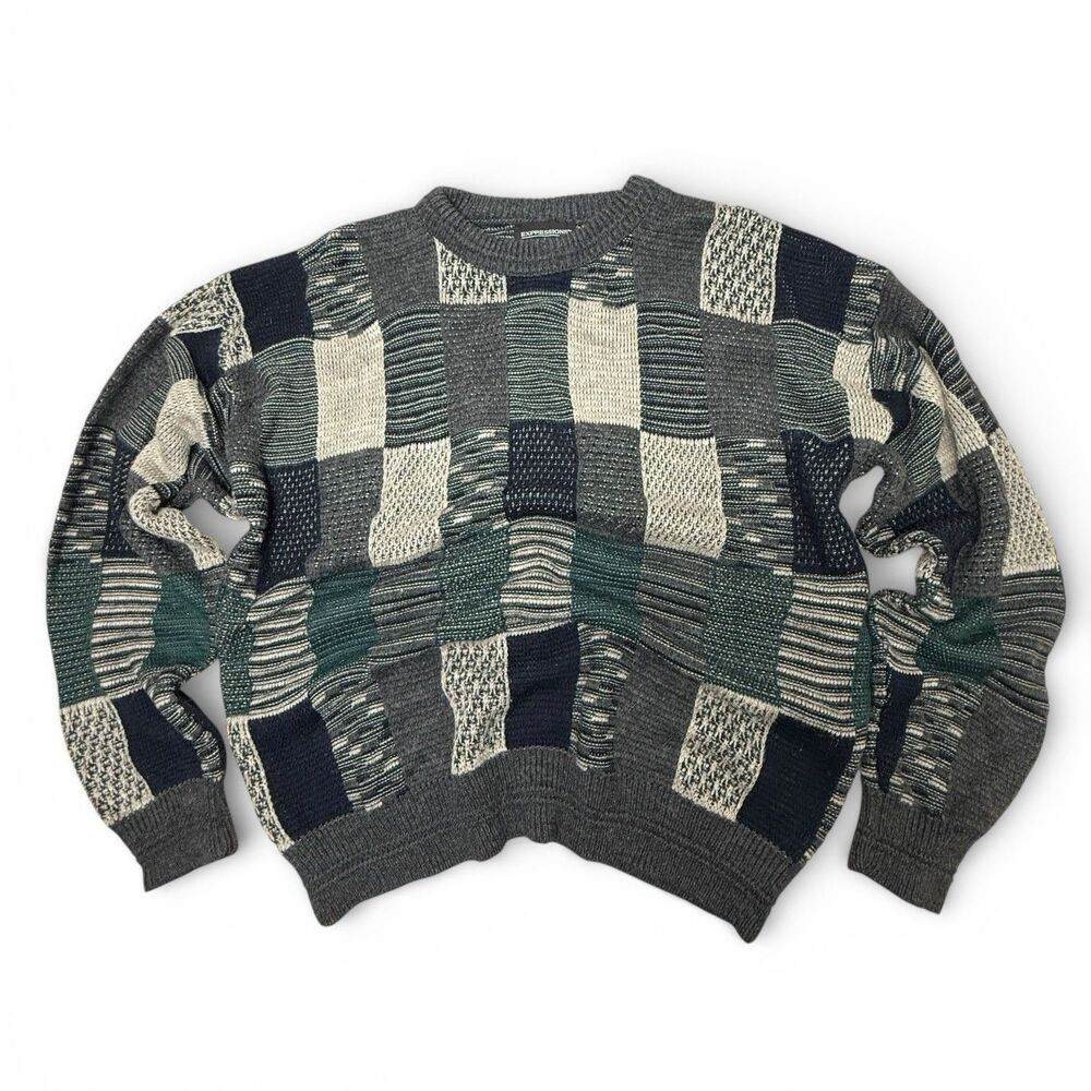 3D Knit Men Sweater Size Large Green 90s Colorblock Checkered Texture Mixed